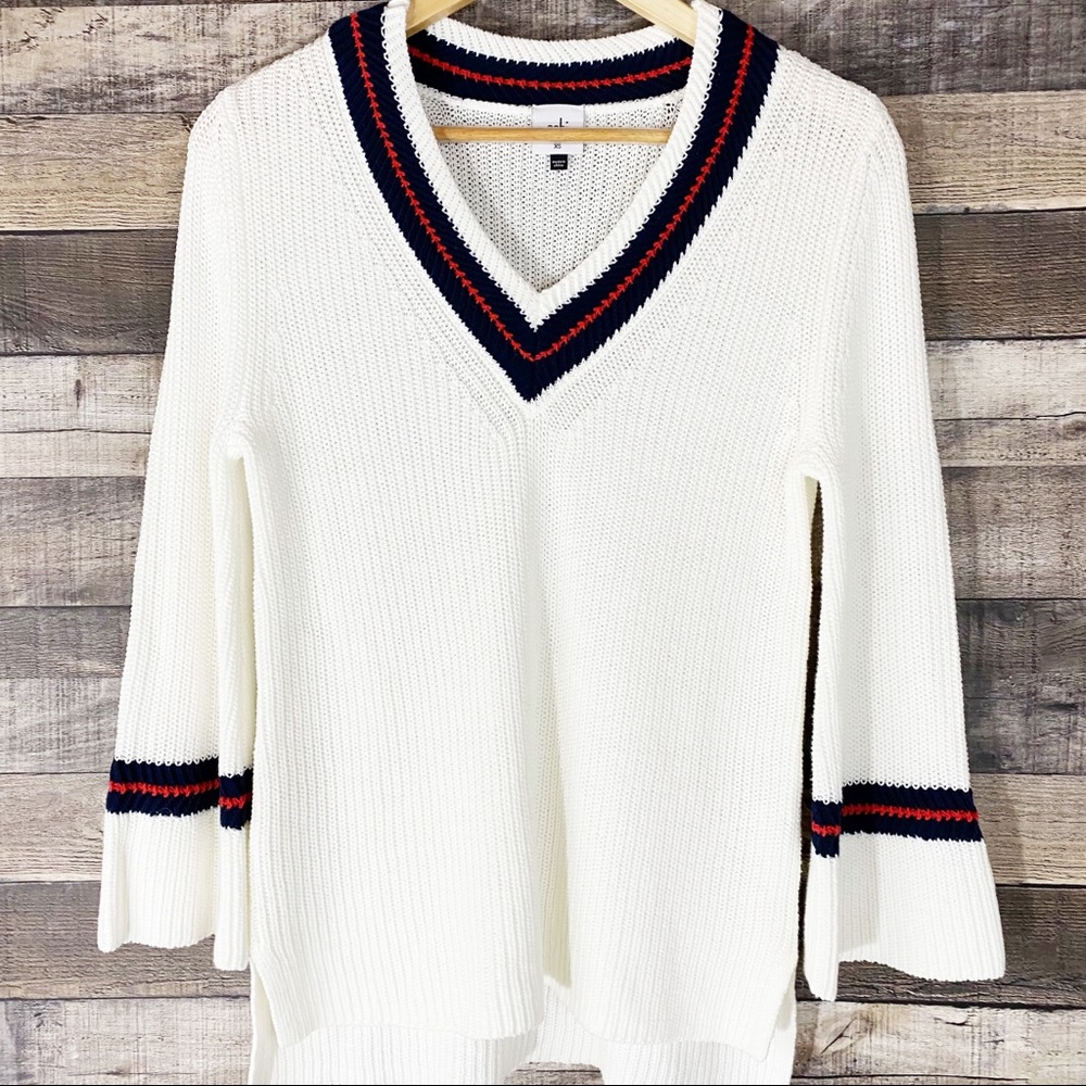CAbi White V-Neck Sweater with Navy and Red Accents
